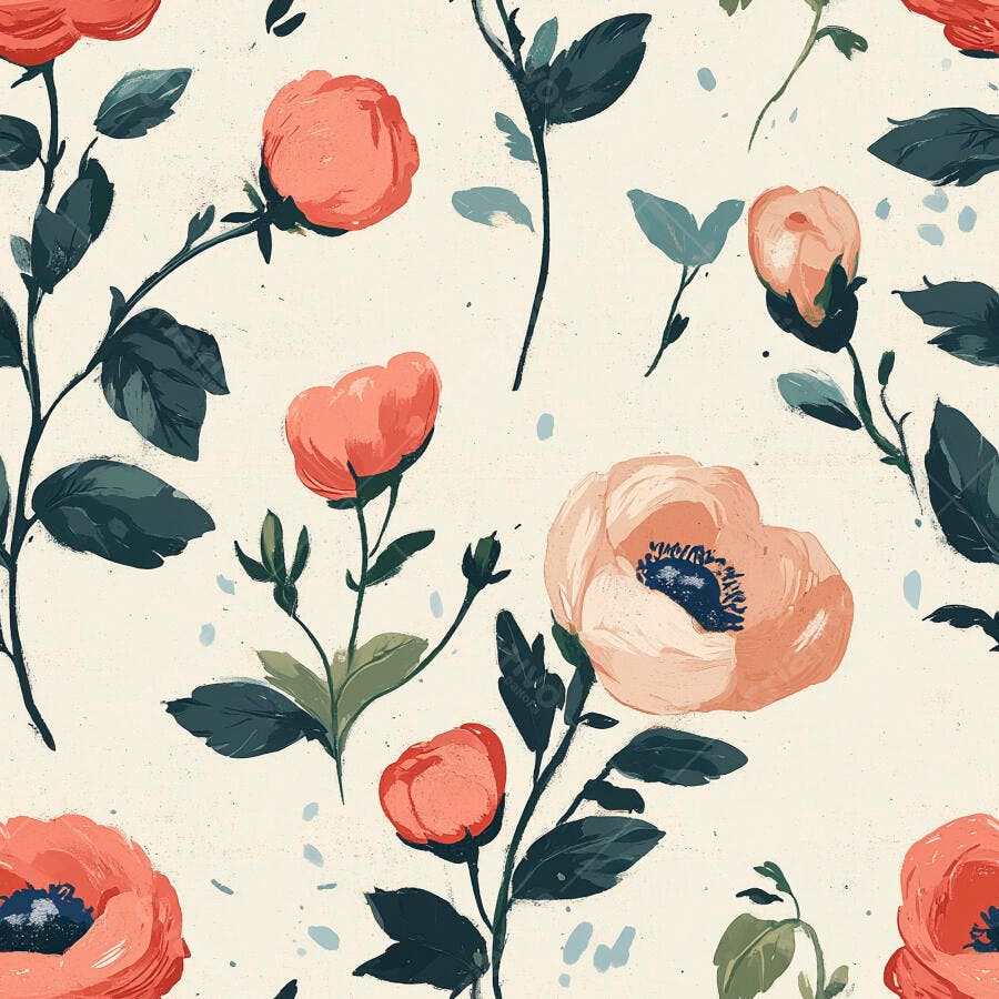Padrão floral sem costura flores corais e folhas verde-azuladas em fundo creme