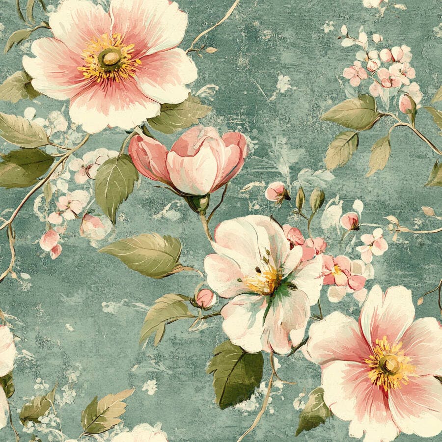Padrão floral vintage grandes flores rosa e brancas em fundo azul esverdeado desgastado