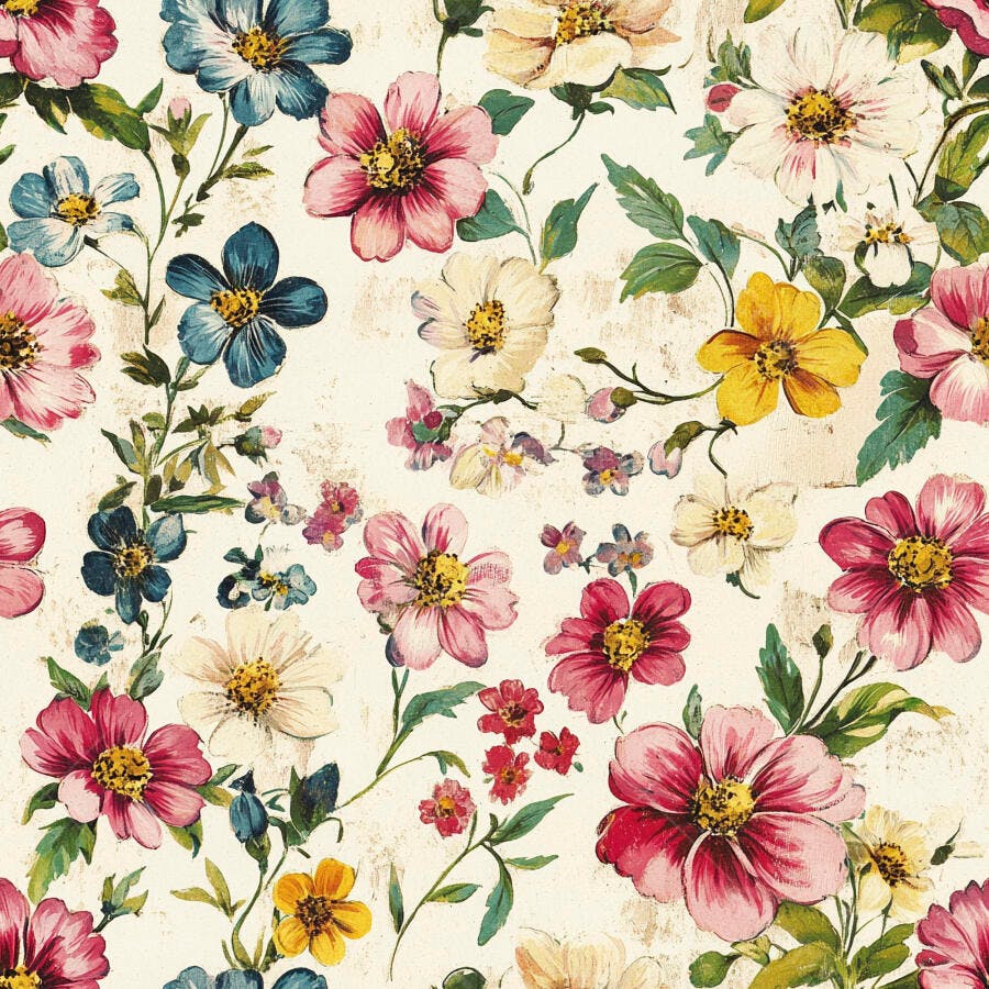Padrão floral vintage aquarela com flores rosas azuis e amarelas em fundo creme