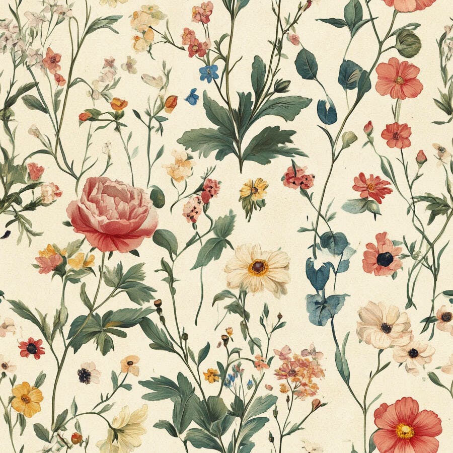 Padrão floral vintage com peônias e flores silvestres delicadas em fundo creme