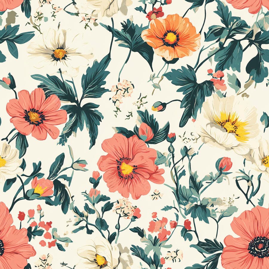 Padrão floral vintage com flores corais laranja e folhas verdes em fundo creme