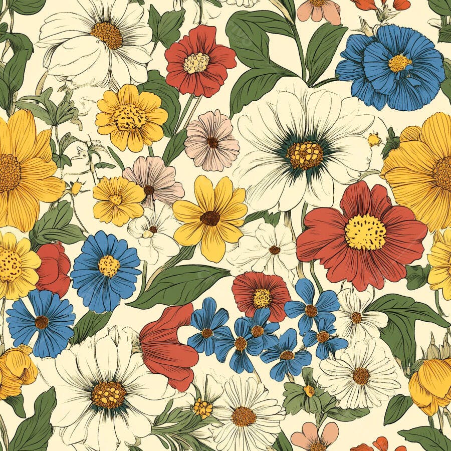 Padrão floral vintage com flores amarelas brancas vermelhas e azuis desenhadas à mão