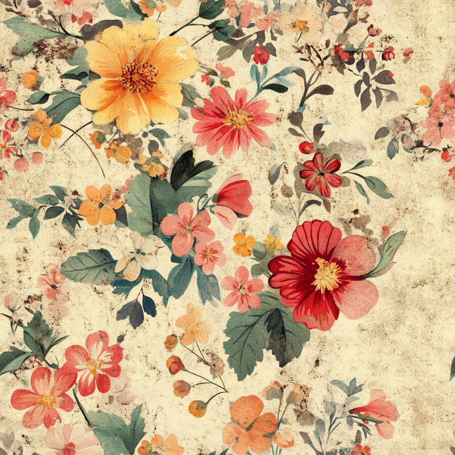 Padrão floral aquarela vintage com flores amarelas vermelhas e folhas verdes em fundo creme