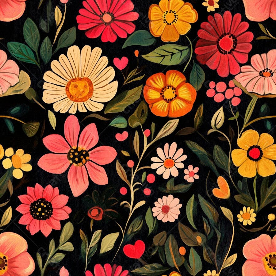 Padrão floral vibrante flores vermelhas rosa amarelas e folhas verdes em fundo preto