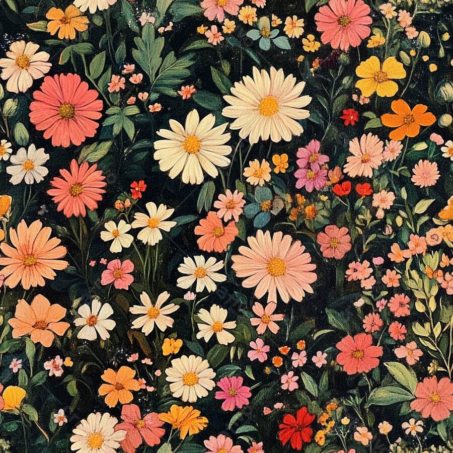 Flores coloridas em padrão floral vibrante sobre fundo escuro estilo pintura