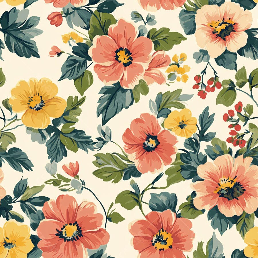 Padrão floral vintage com flores pêssego e amarelas em fundo creme