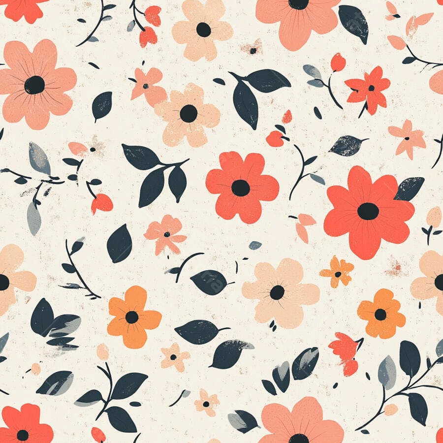 Padrão floral em cores pastel coral pêssego e folhas azuis escuras com textura vintage