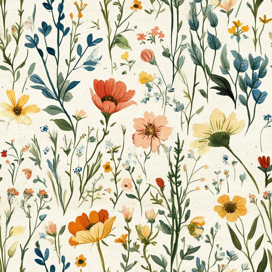 Flores silvestres aquarela padrão botânico vibrante em fundo claro