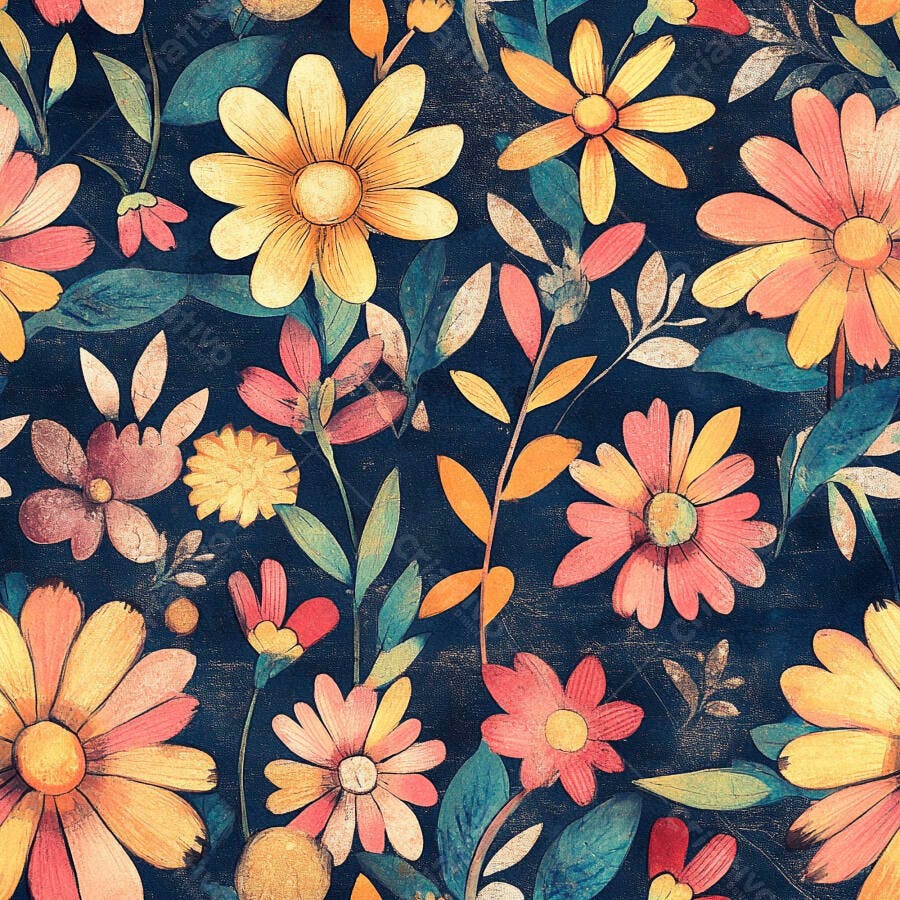 Padrão floral vintage com flores vibrantes e folhas coloridas em fundo azul escuro