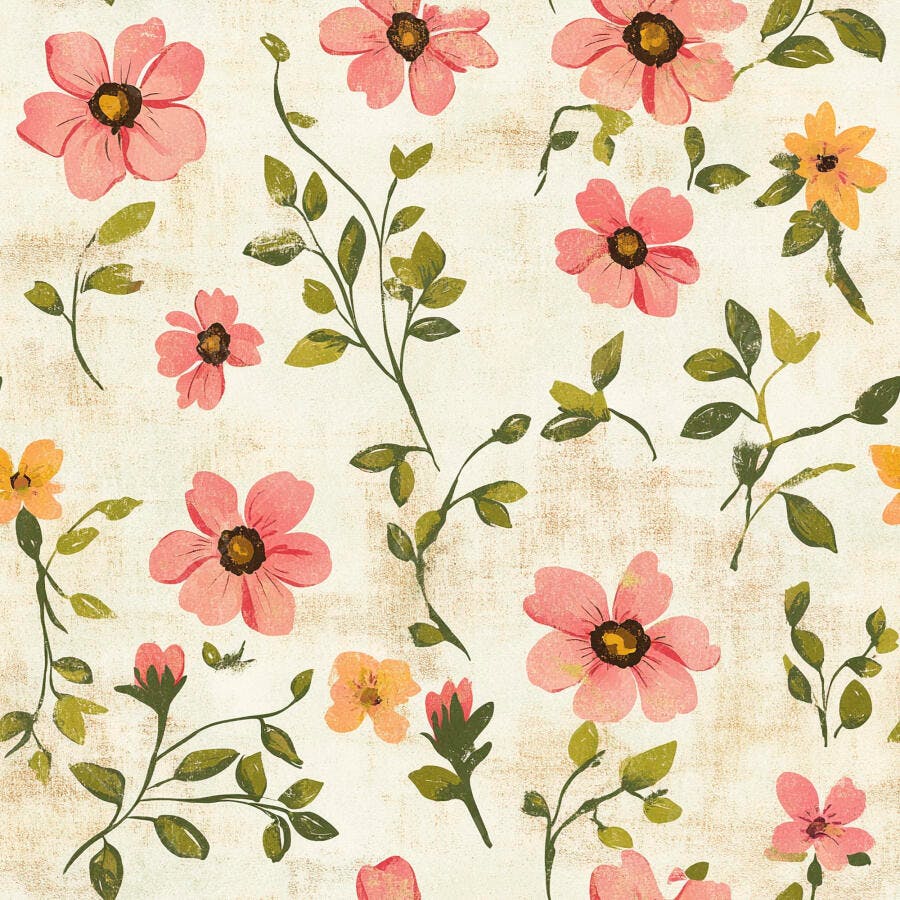 Padrão floral contínuo com flores rosas e laranjas sobre fundo creme texturizado