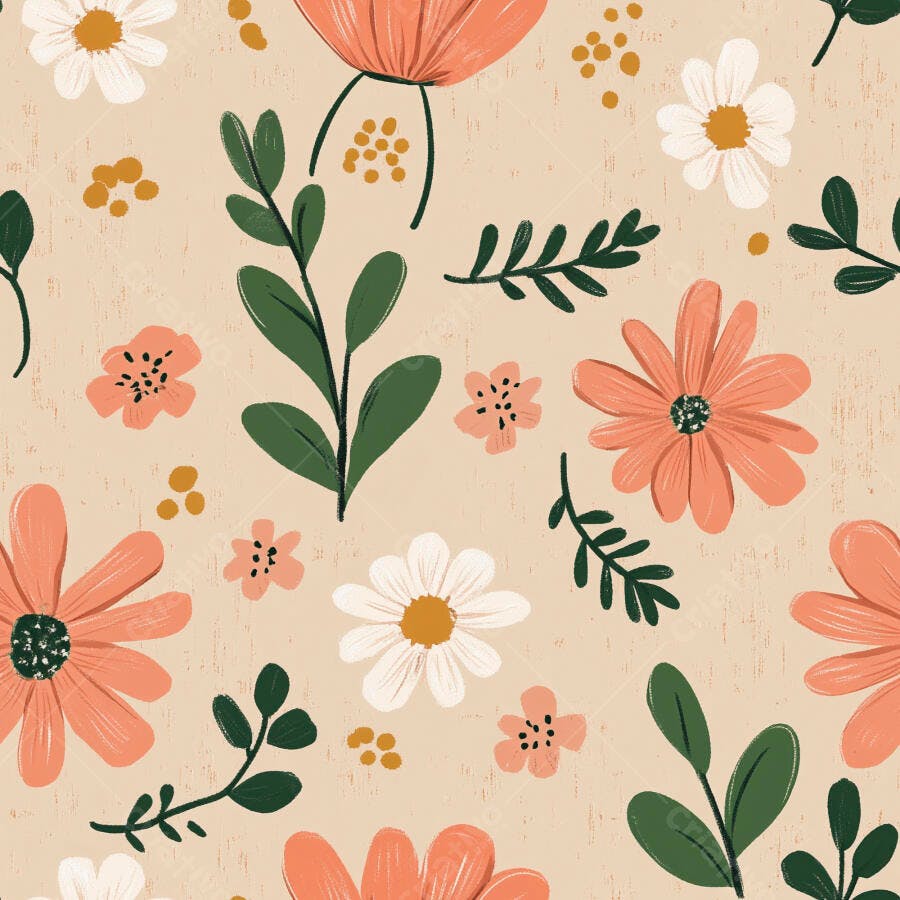 Padrão floral sem costura com flores pêssego brancas e folhas verdes ilustradas