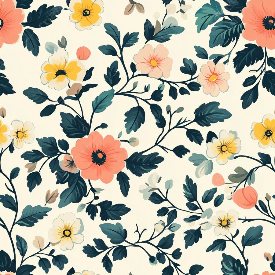 Padrão floral sem costura com flores coral pêssego amarelas e folhas azul esverdeado