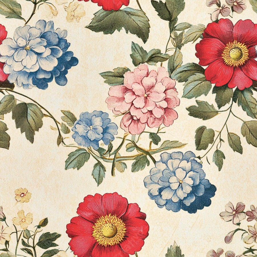 Padrão floral vintage com flores vermelhas azuis e rosas e folhas verdes em fundo creme