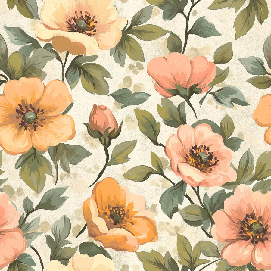 Flores pêssego e amarelas em padrão floral vintage suave