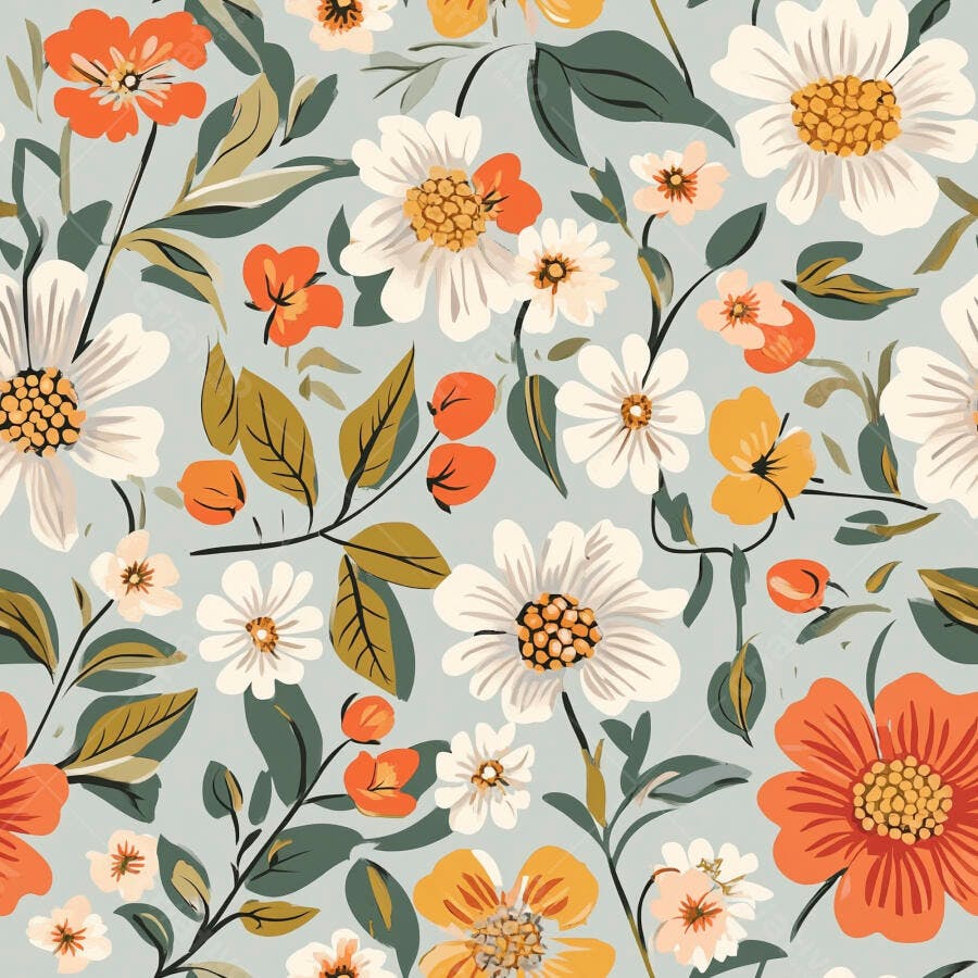 Padrão floral vintage com flores brancas laranja e amarelas em fundo azul claro