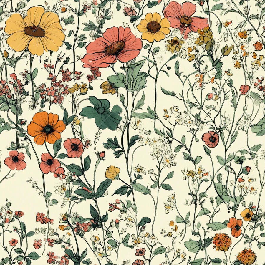 Padrão floral vintage de flores campestres amarelas laranjas e corais