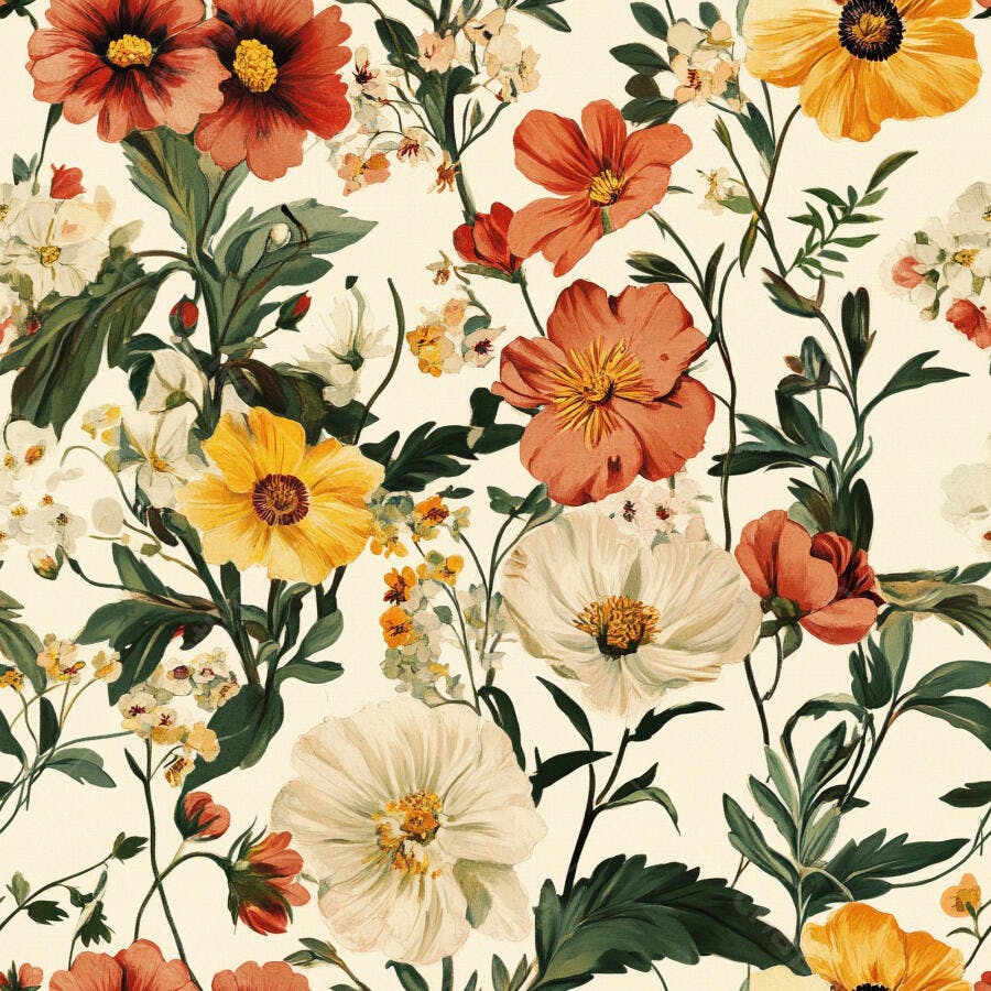 Padrão floral vintage com flores vermelhas laranjas e amarelas