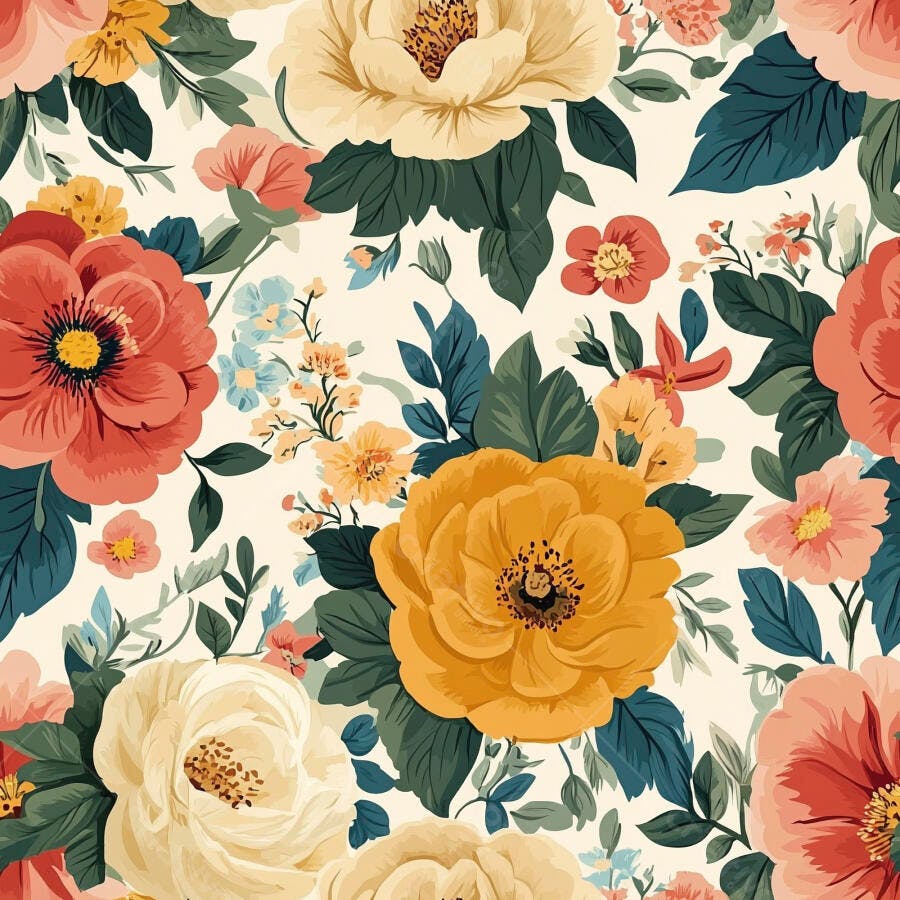 Padrão floral vintage com peônias e folhas em fundo creme