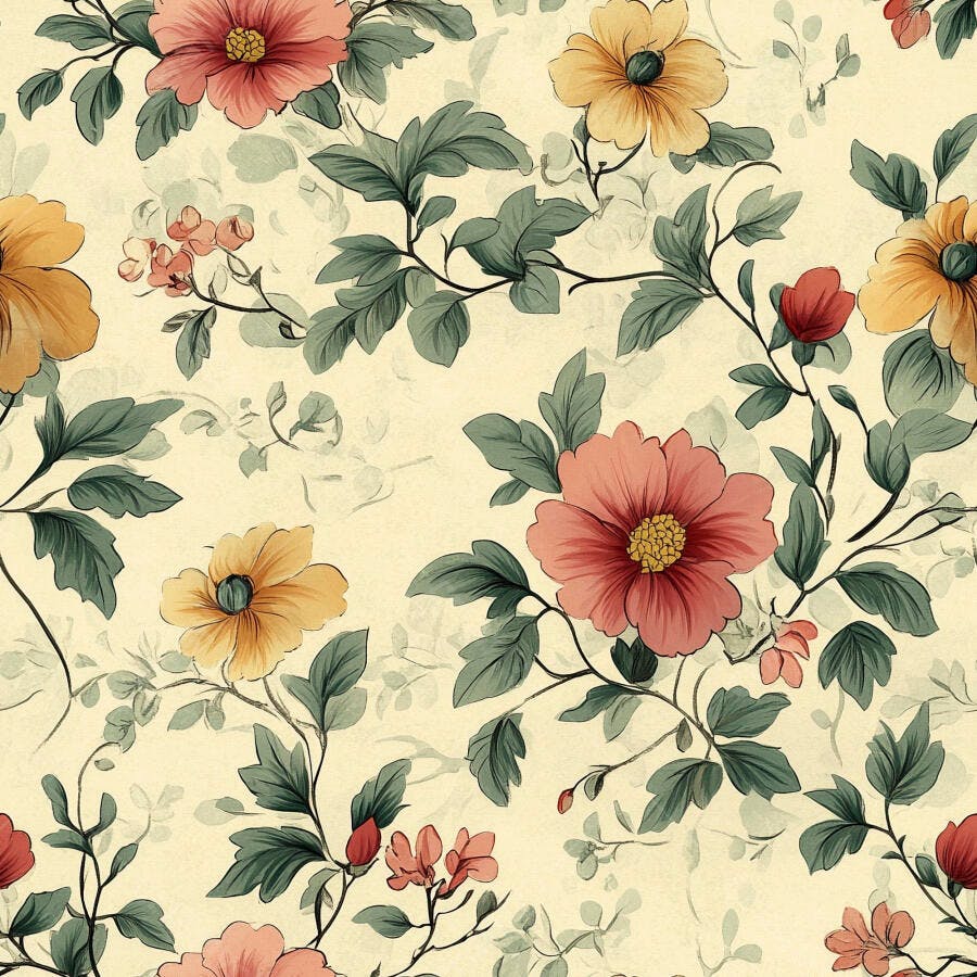 Padrão floral vintage com flores rosa e amarelas sobre fundo creme