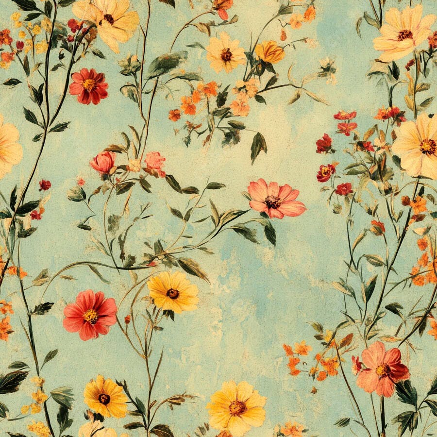 Padrão floral vintage com flores amarelas e vermelhas em fundo azul texturizado