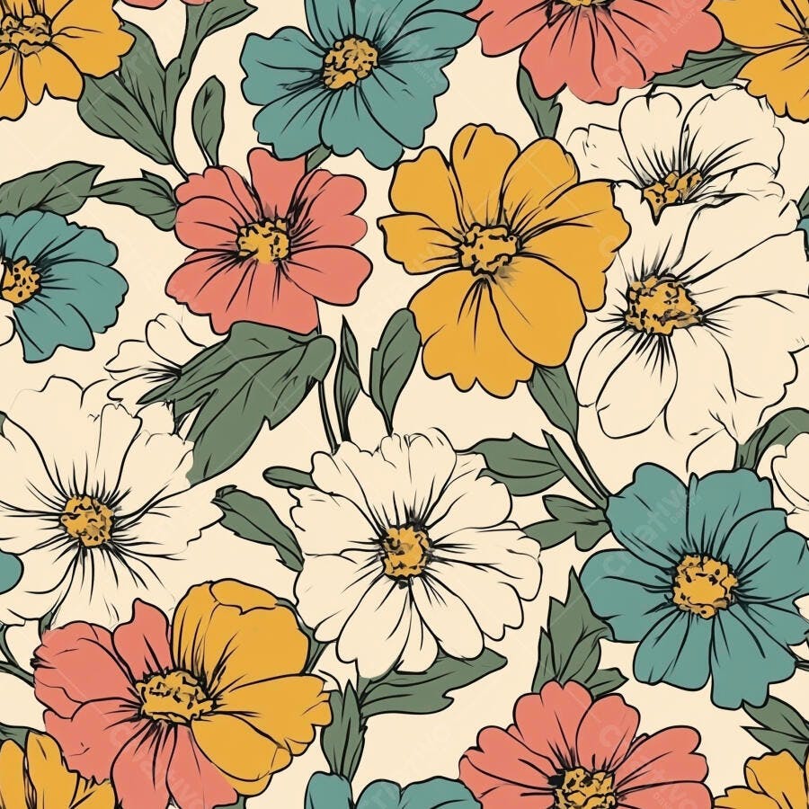 Padrão floral vintage alegre com flores amarelas brancas rosa e azuis em fundo creme