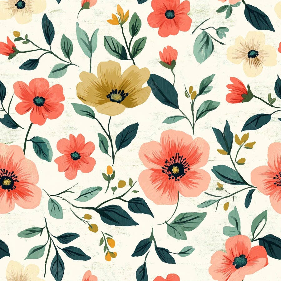 Padrão floral sem costura com flores salmão amarelas e folhas azul-esverdeadas