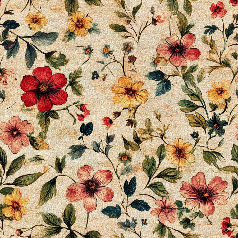 Padrão floral vintage com flores vermelhas amarelas e folhas verdes em fundo creme