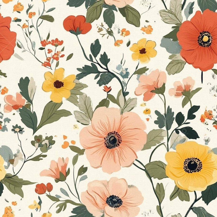 Padrão floral vibrante com flores laranja, amarelas e rosas e folhagem verde