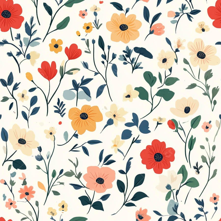 Padrão floral vibrante com flores vermelhas amarelas e azuis em fundo claro