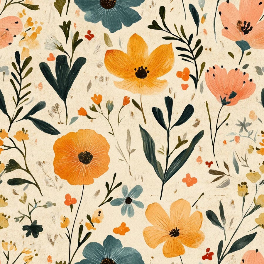 Padrão floral aquarela com flores laranja e azuis em fundo creme