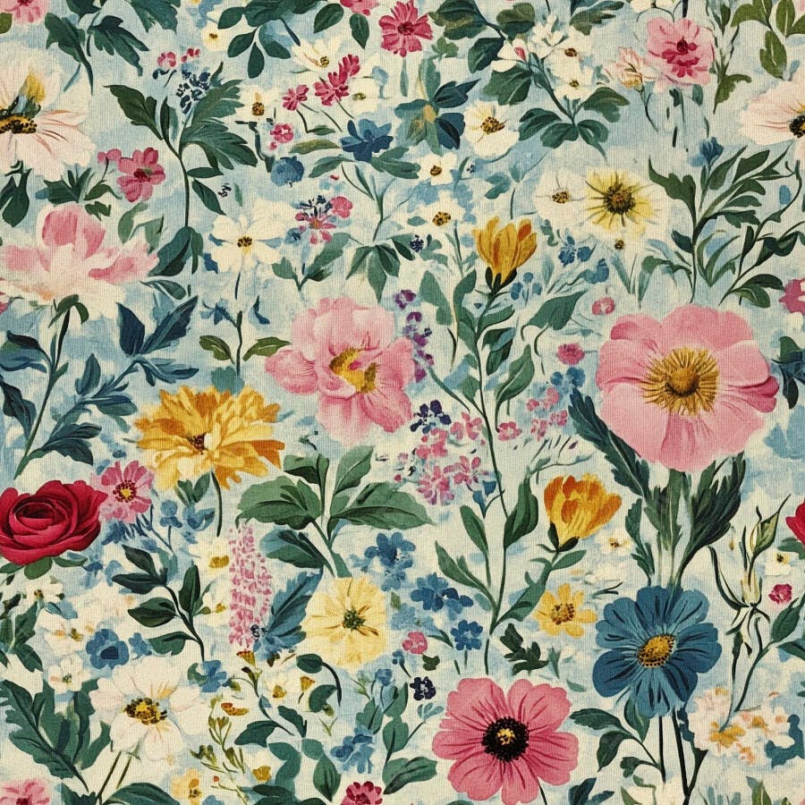 Padrão floral vibrante aquarela com rosas peônias e margaridas fundo azul claro