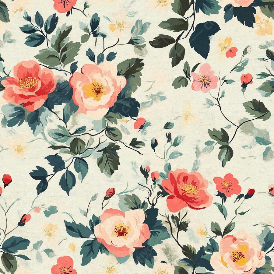 Padrão floral vintage com rosas pêssego e folhas verde-azulado