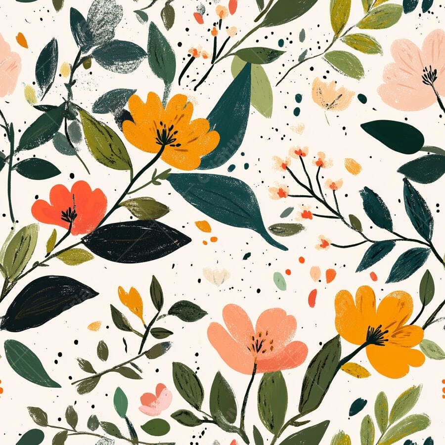 Padrão floral aquarela com flores laranja pêssego e folhagem verde vibrante