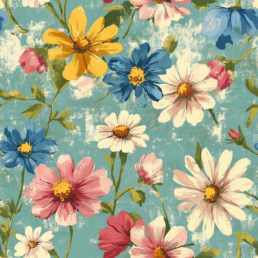 Padrão floral com margaridas coloridas vintage em fundo azul desgastado