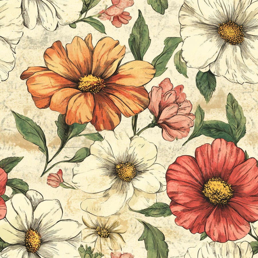 Padrão de flores vintage em aquarela com pétalas laranja, brancas e vermelhas