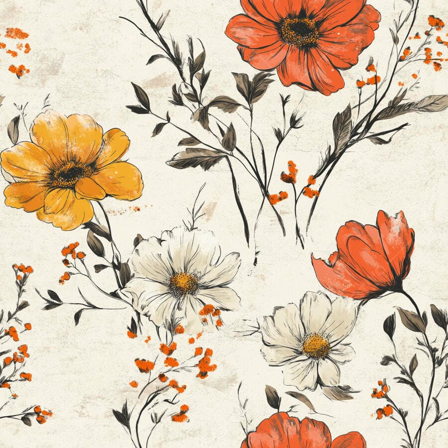Padrão floral vintage com flores laranja amarelas e folhas escuras em fundo rústico