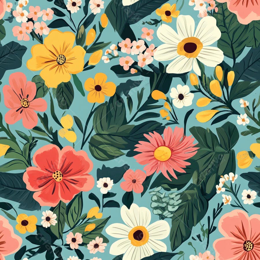 Padrão floral tropical vibrante com flores amarelas corais e folhas verdes em fundo azul