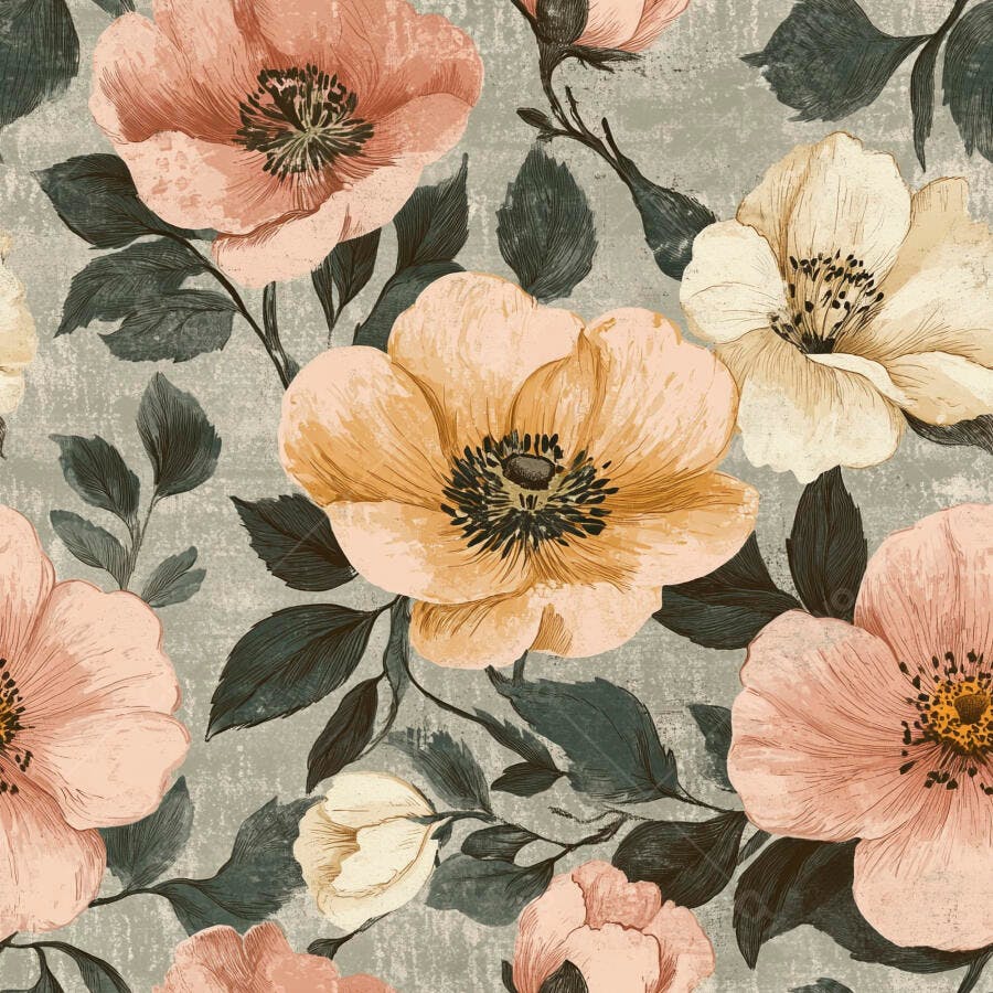 Padrão floral vintage com flores rosas amarelas e folhas verde-azuladas em fundo cinza