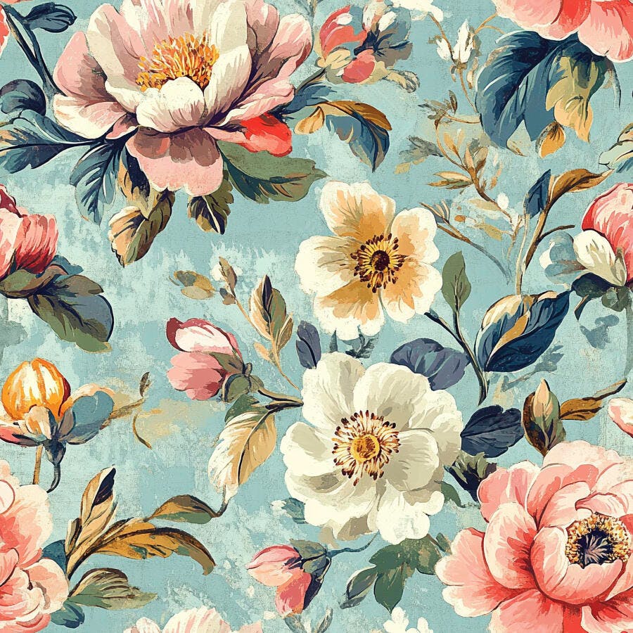 Padrão floral vintage peônias rosas e creme em fundo azul aquarela