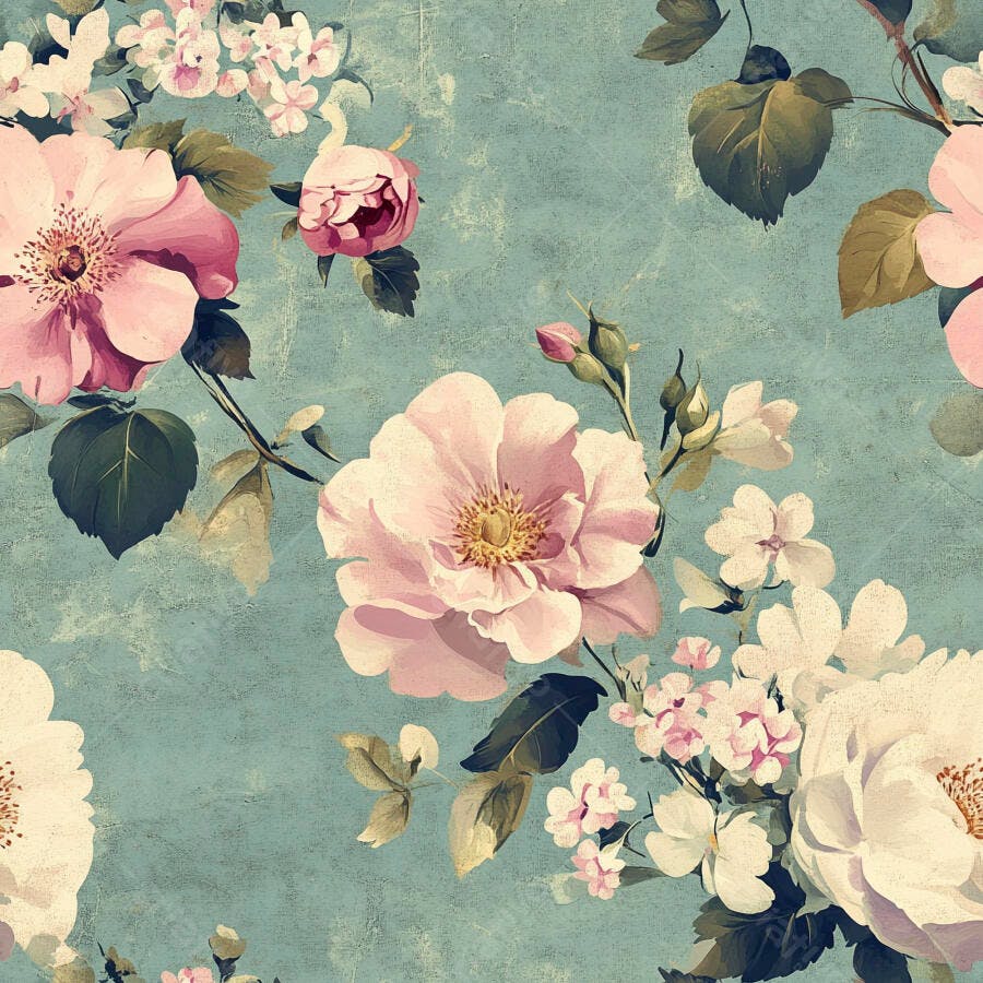 Padrão floral vintage com rosas cor de rosa e flores brancas em fundo azul esverdeado