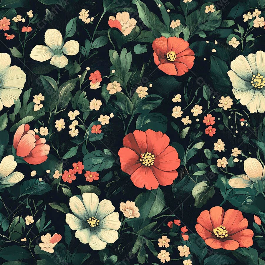 Padrão floral escuro com flores coral e brancas folhas verdes exuberantes