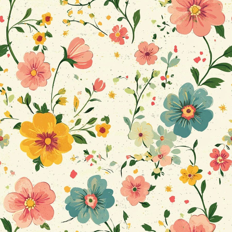 Padrão floral vintage com flores coloridas em fundo creme