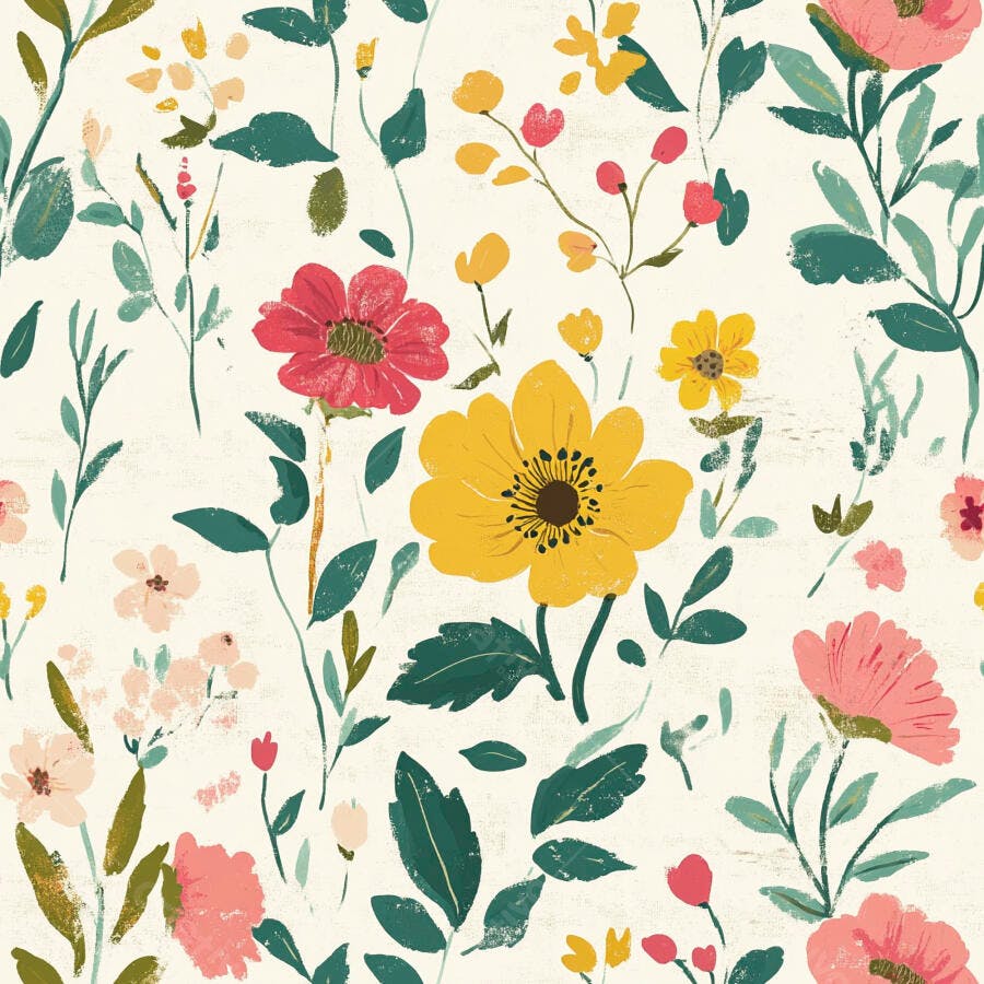Padrão floral botânico vibrante flores amarelas rosas e folhas verdes