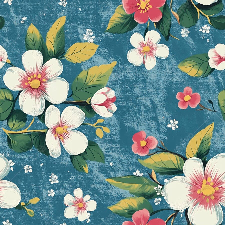 Padrão floral com flores brancas e rosas em fundo azul texturizado