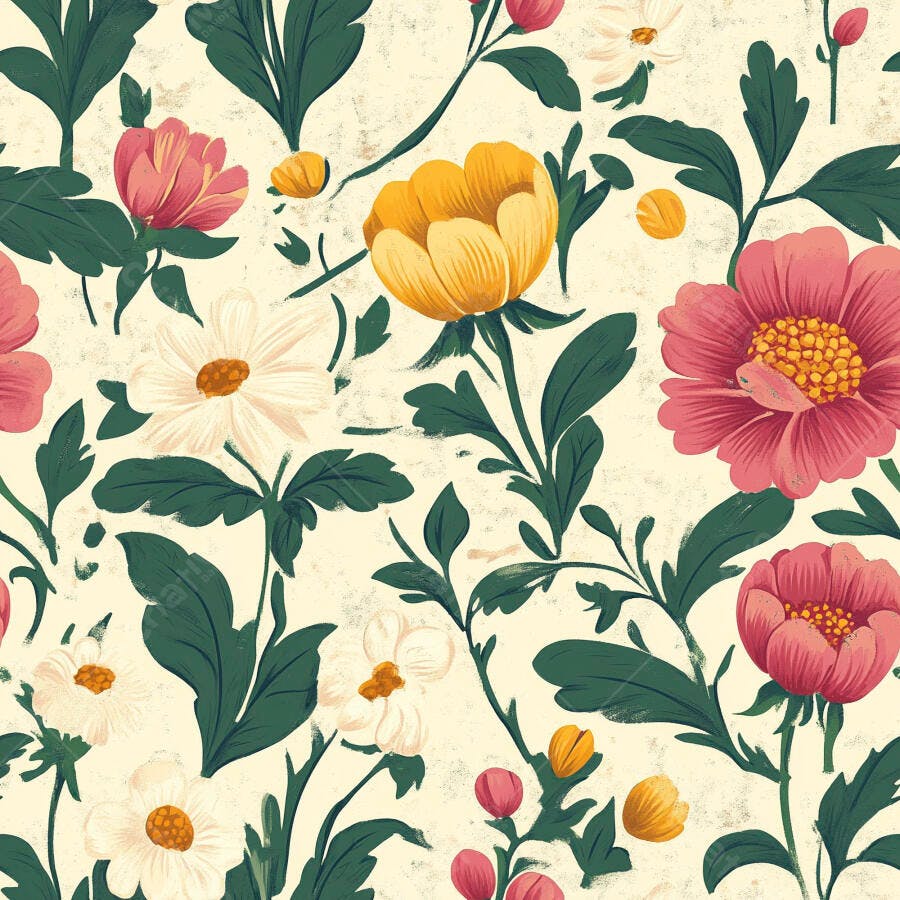Padrão floral contínuo vintage com flores rosas amarelas e brancas