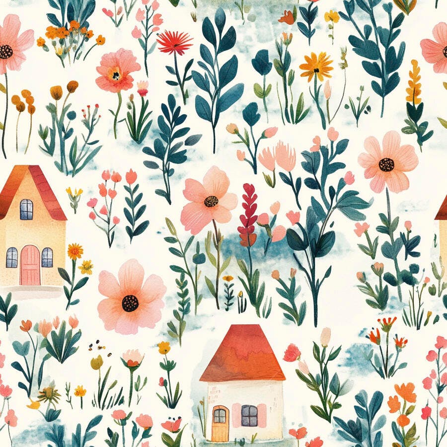 Padrão aquarela de casas rústicas e flores delicadas em campo florido