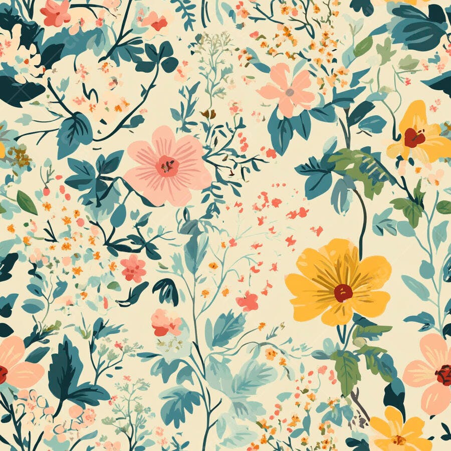 Padrão floral delicado com flores rosas amarelas e folhas verde-azuladas em fundo creme