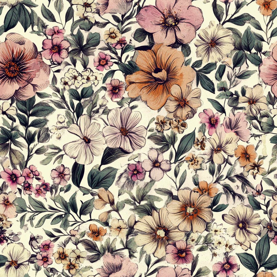 Padrão floral vintage com flores em tons pastel e folhas verdes em fundo creme