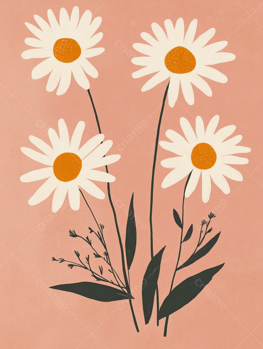 Quatro margaridas brancas miolo laranja em fundo rosa pêssego ilustrado