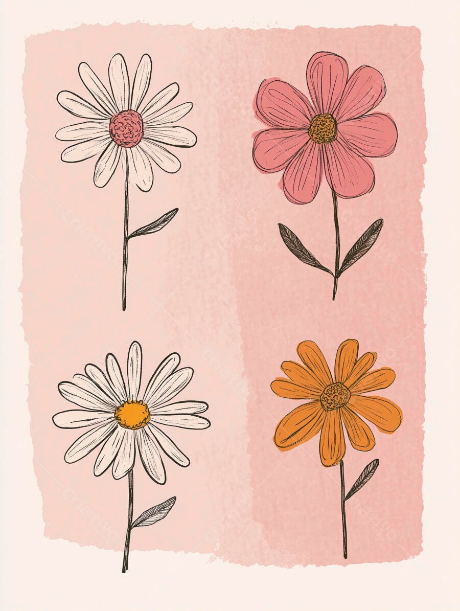 Flores coloridas desenhadas à mão em fundo rosa pastel minimalista